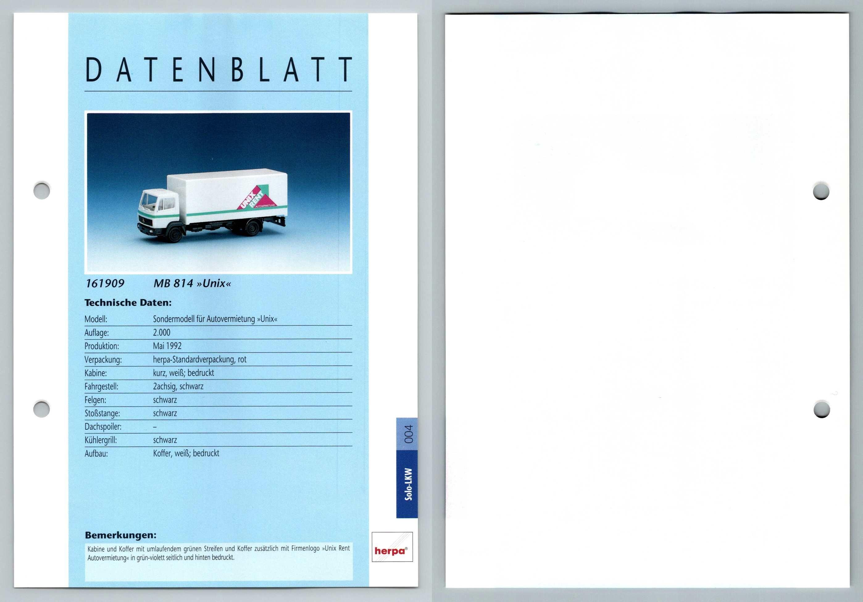 Mb Unix Solo Lkw Datenblatt Herpa Data Sheet