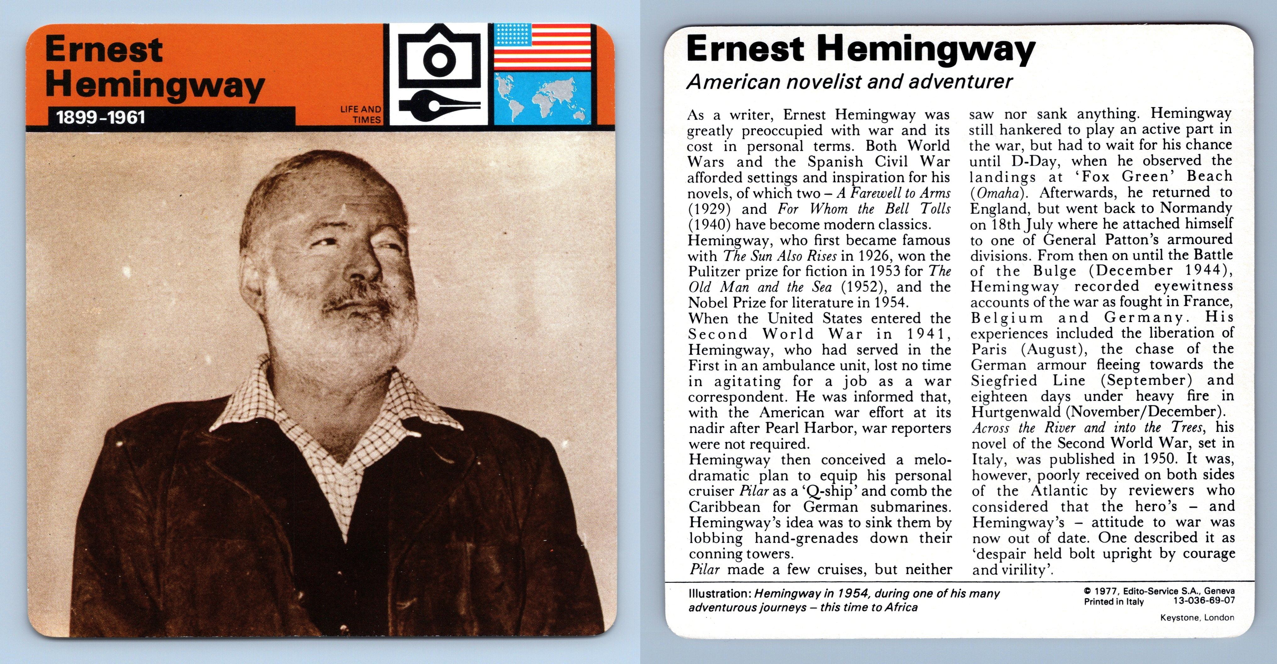 WW2 Edito-Service SA 1977 Card Life & Times Ernest Hemingway 1899-1961