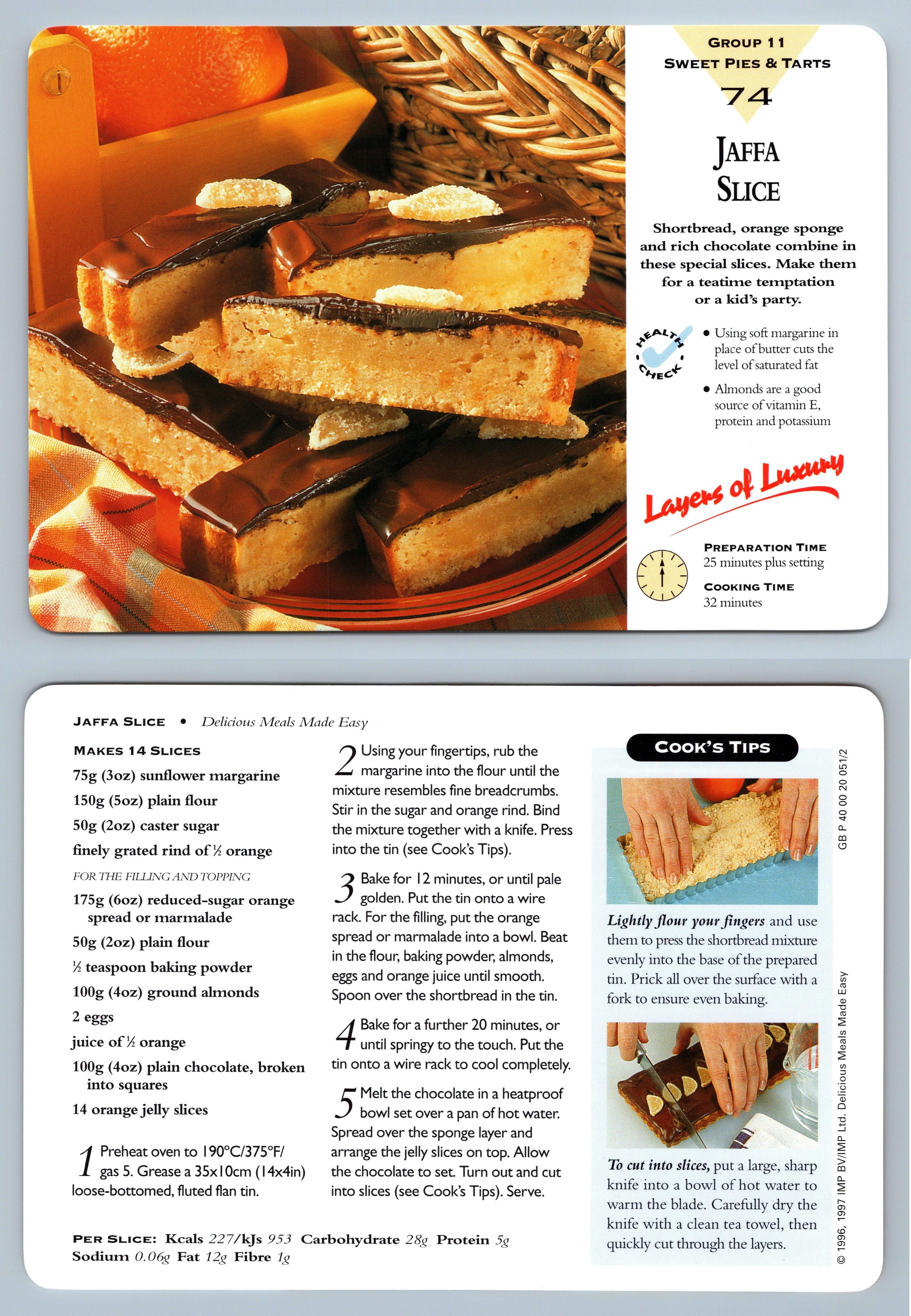Jaffa Slice 74 Tarts Delicious Meals Made Easy 19967 Recipe Card