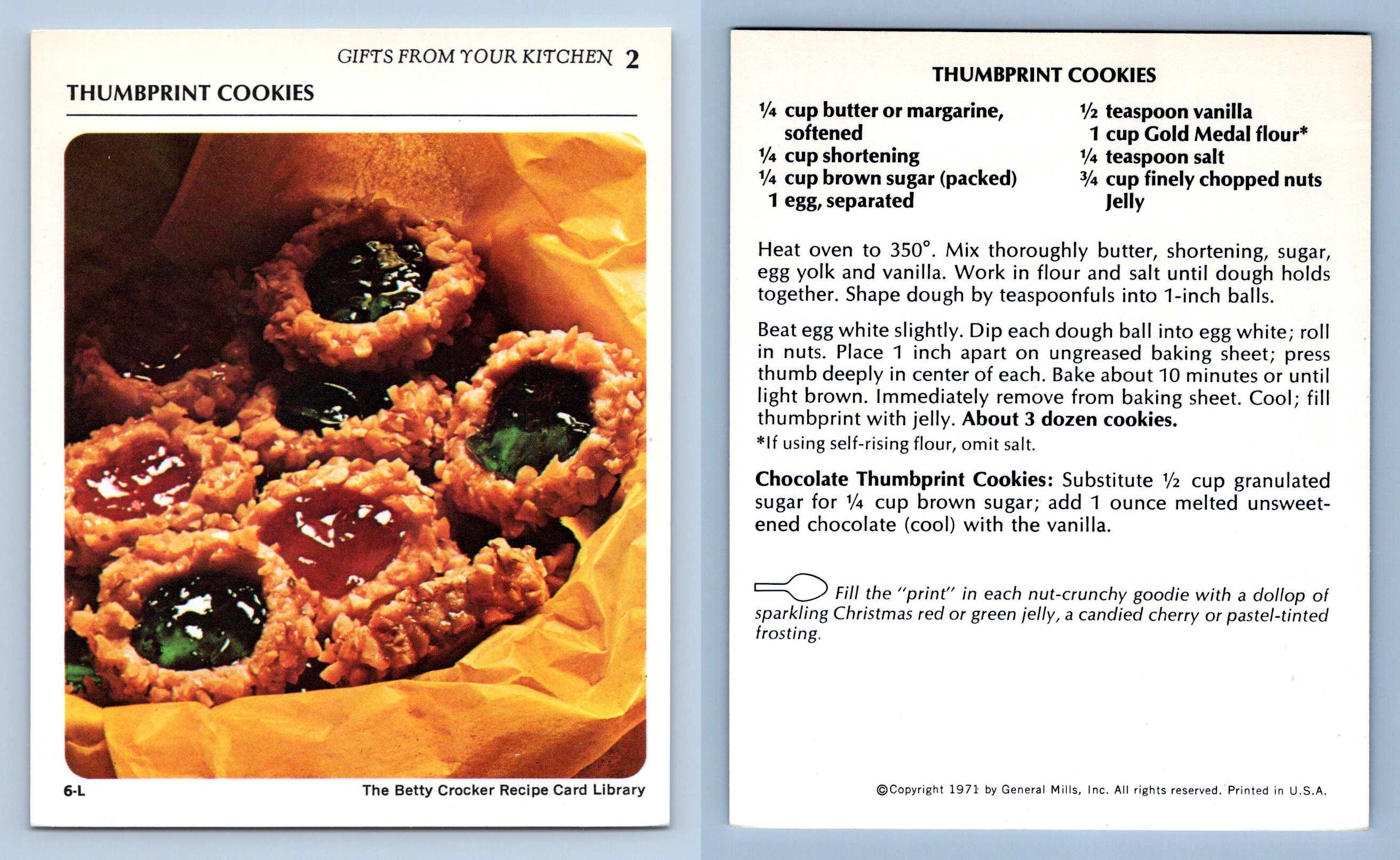 Thumbprint Cookies 2 Gifts Betty Crocker 1971 Recipe Card