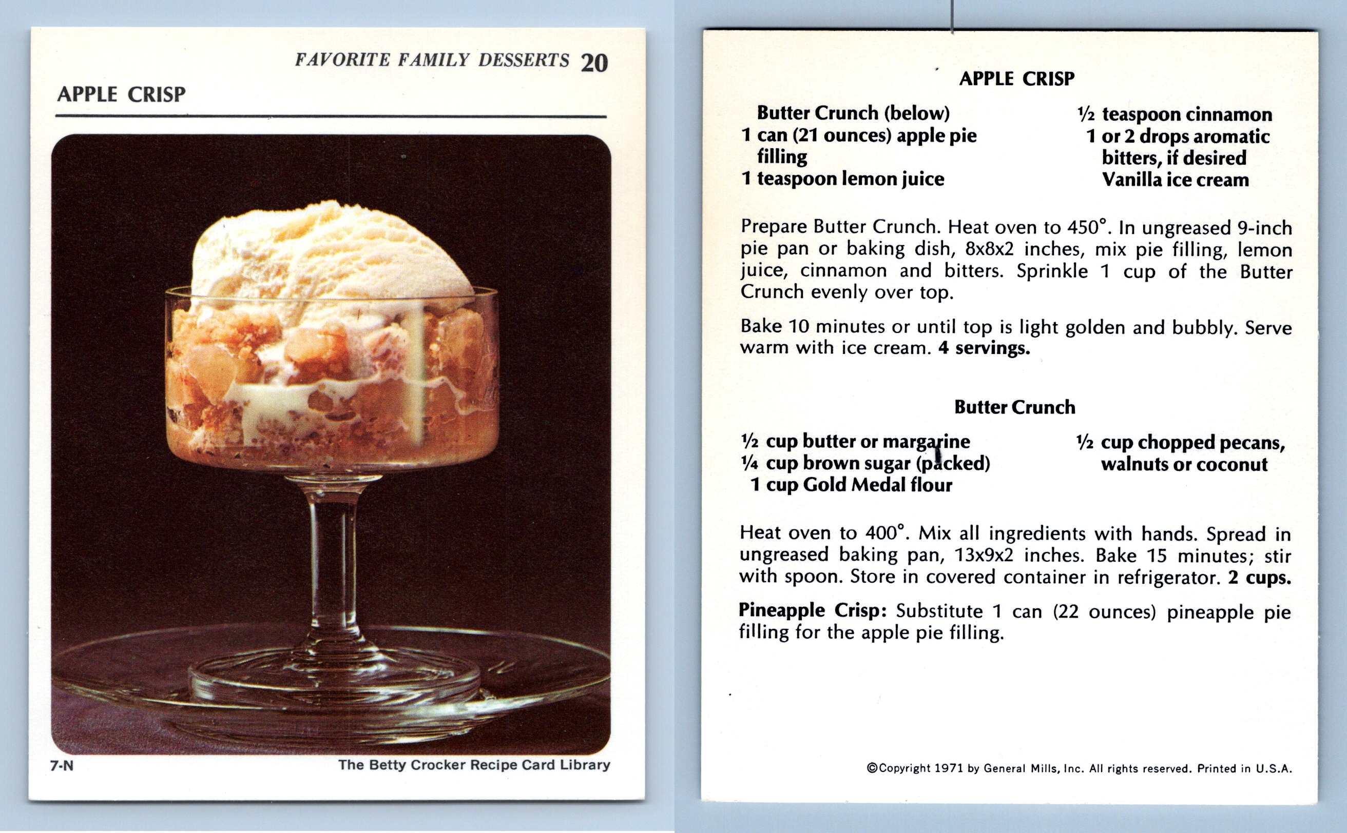 Apple Crisp #20 Desserts - Betty Crocker 1971 Recipe Card