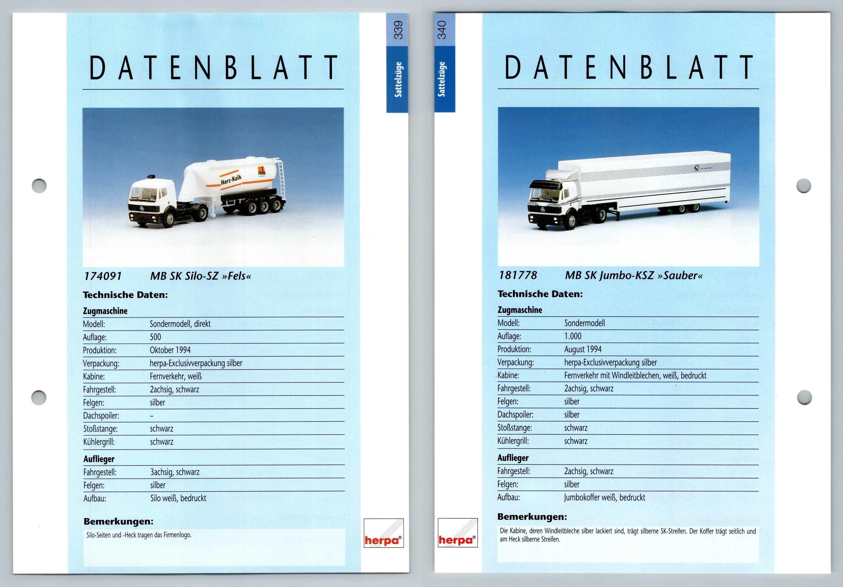 MB SK Silo SZ MB SK Jumbo 339 340 Sattelzuge Datenblatt Herpa Data