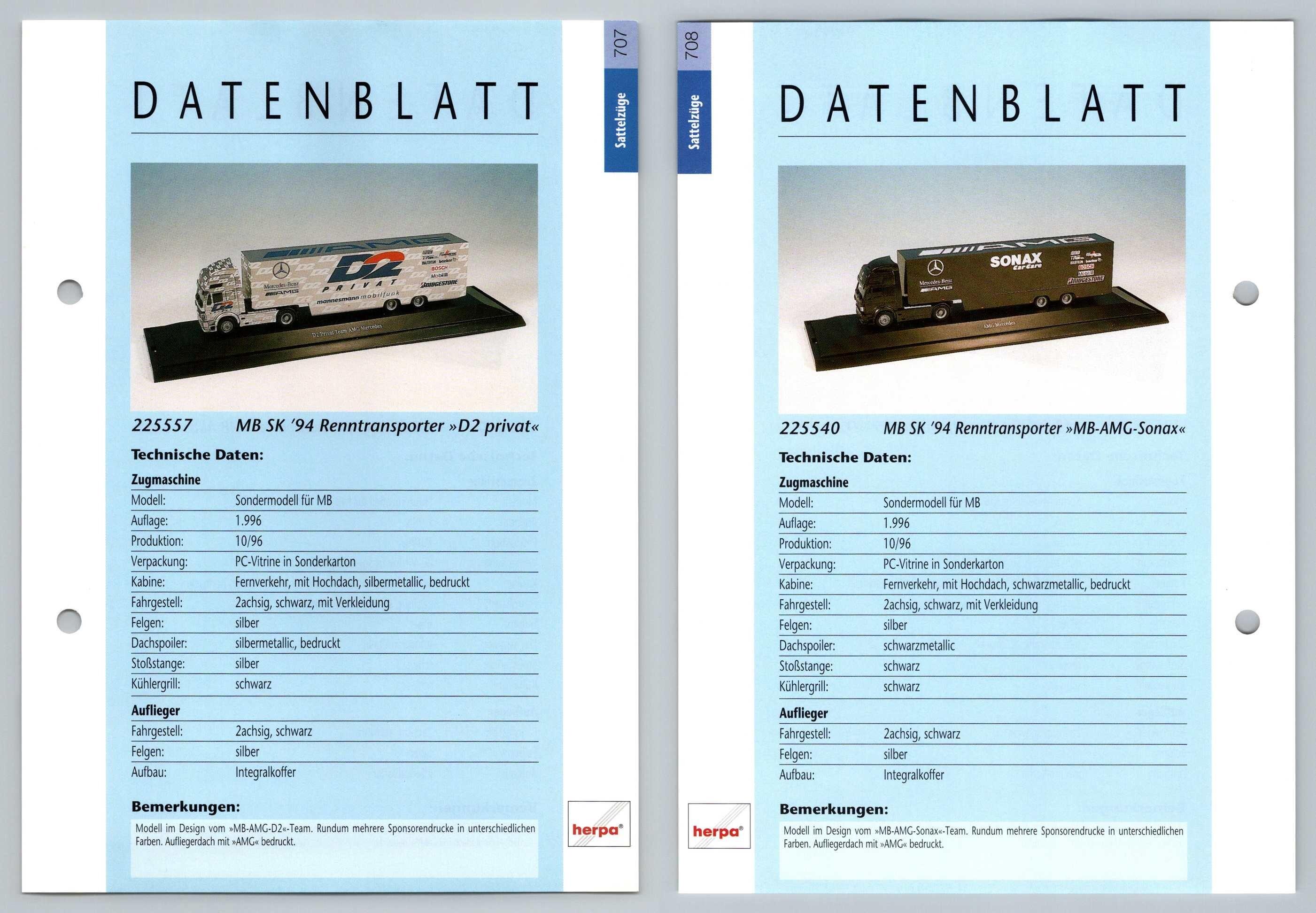 Mb Sk 94 Renntransporter 707 8 Sattelzuge Datenblatt Herpa Data Sheet