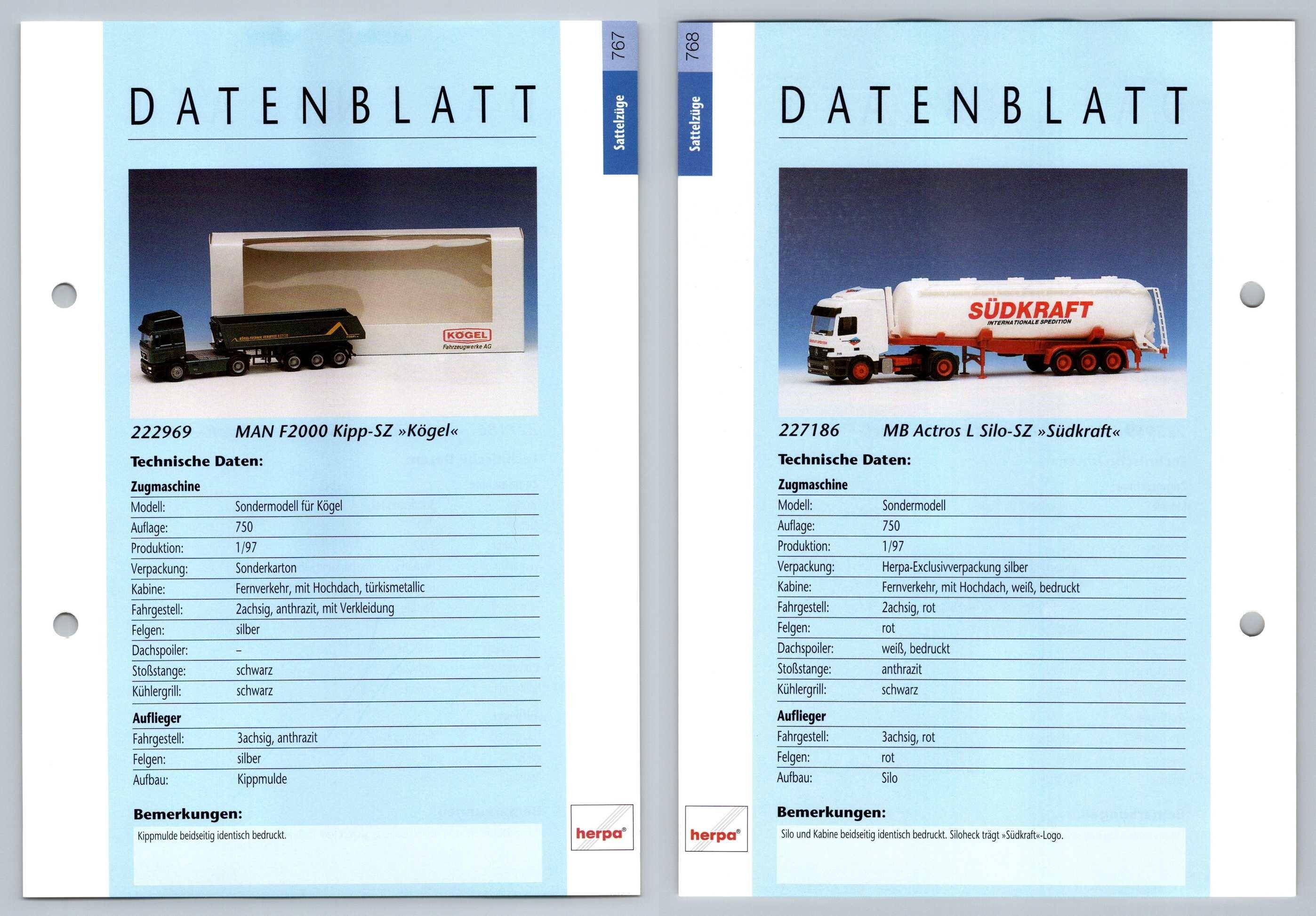 Man F2000 Kipp Mb Actros L 767 8 Sattelzuge Datenblatt Herpa Data