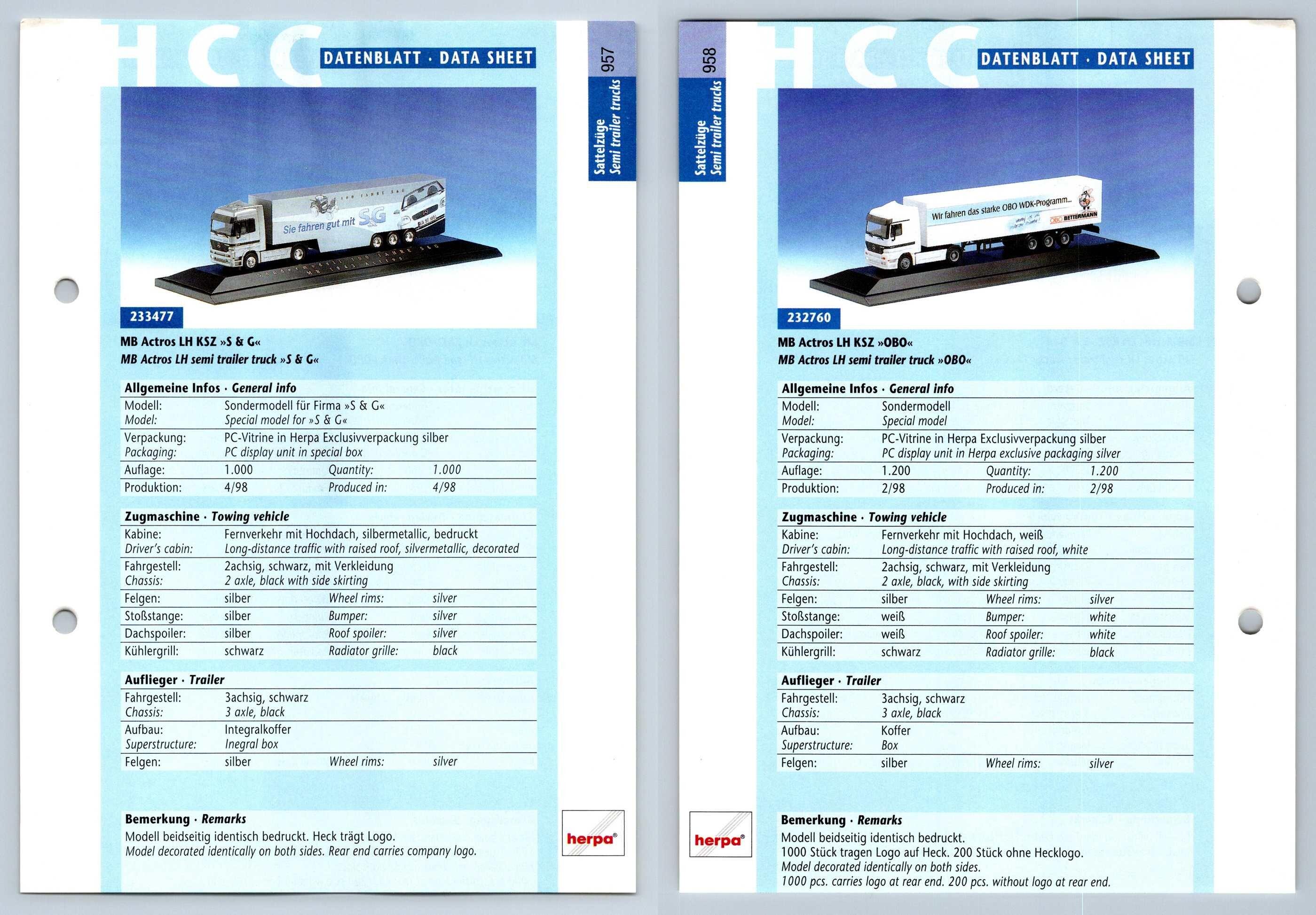 Mb Actros Lh Ksz Sandg Obo 957 8 Sattelzuge Datenblatt Herpa Data Sheet