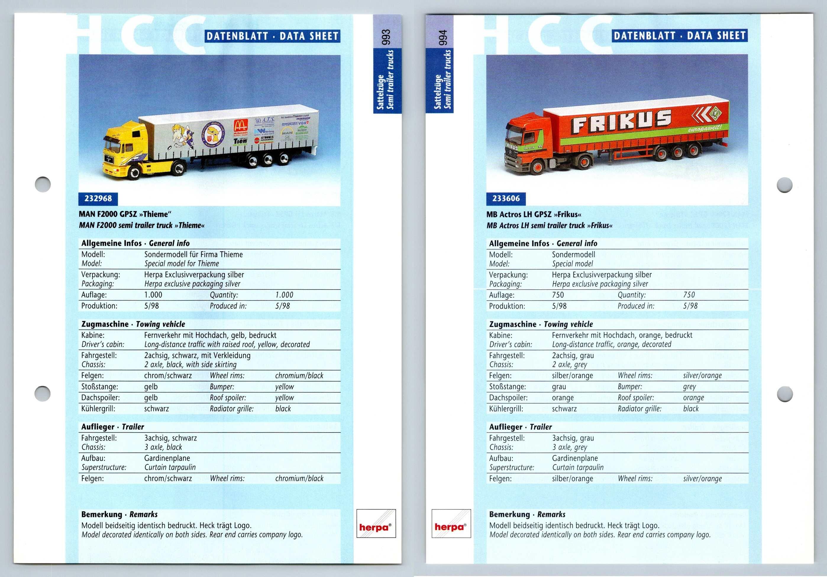 Man F2000 Gpsz Mb Actros Lh 993 4 Sattelzuge Datenblatt Herpa Data