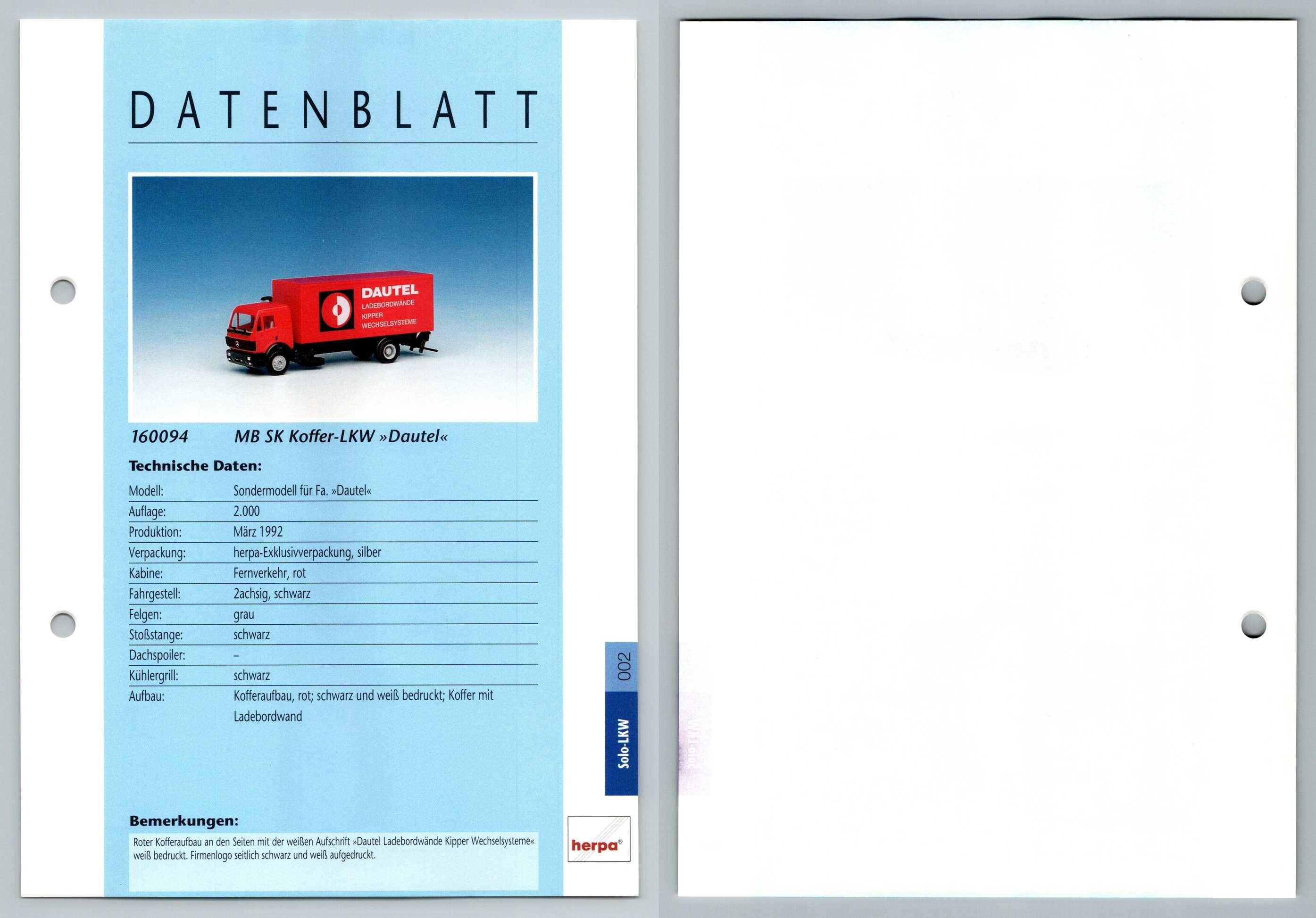 Mb Sk Koffer Lkw Dautel 2 Solo Lkw Datenblatt Herpa Data Sheet