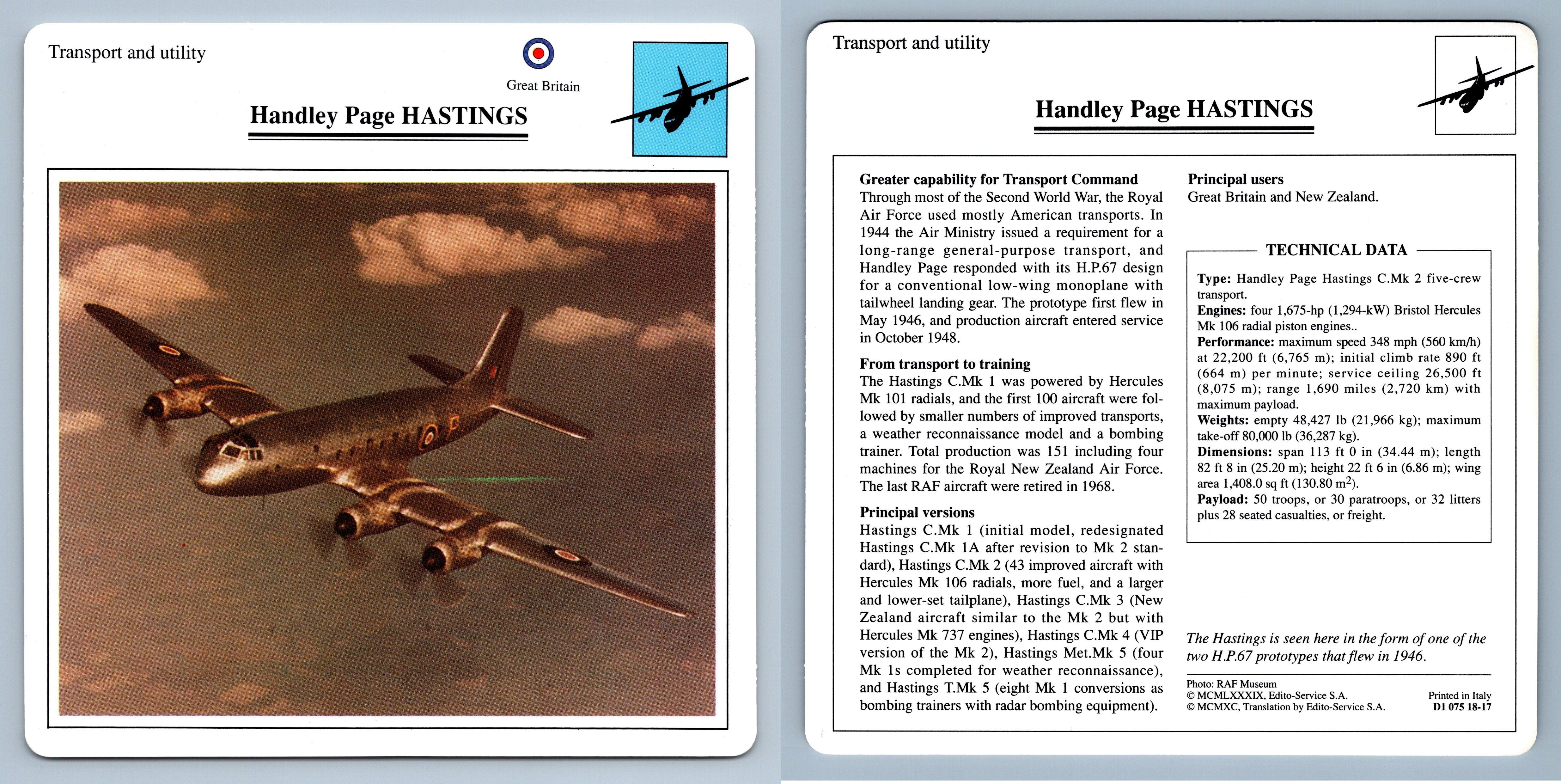 Handley Page Hastings Transport Warplanes Collectors Club Card