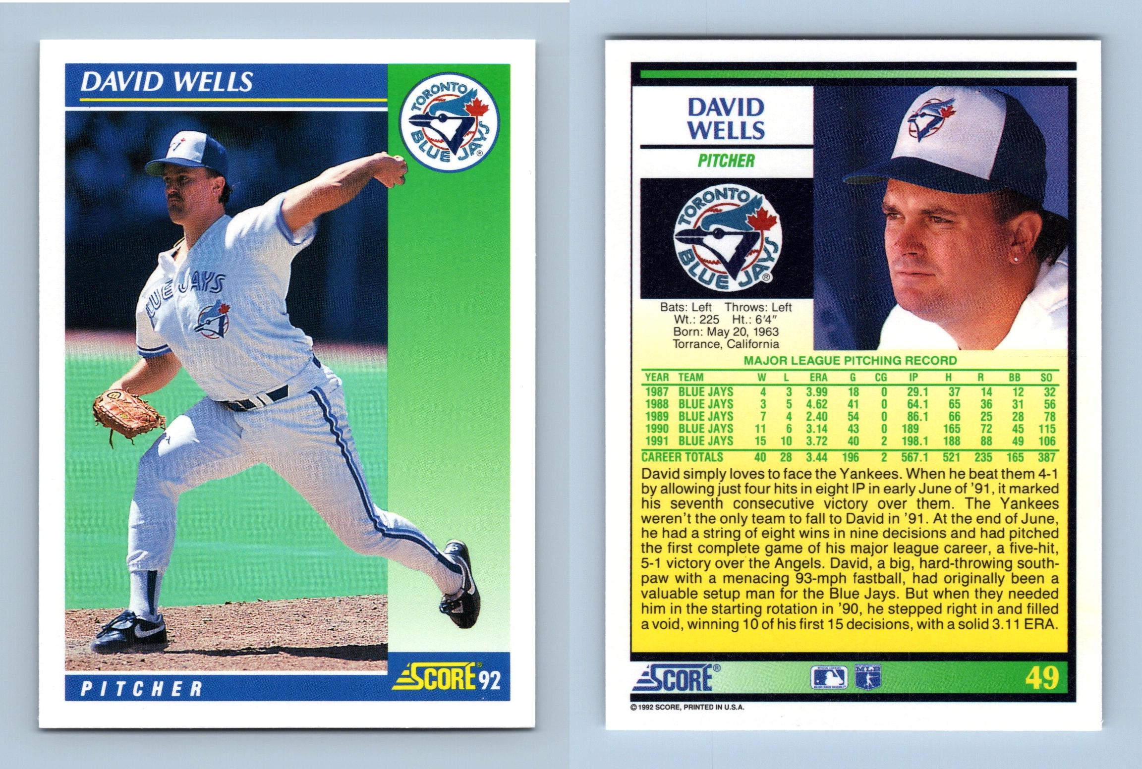 افضل دخان خفيف David Wells - Blue Jays - #49 Score 1992 Baseball Trading Card افضل دخان خفيف
