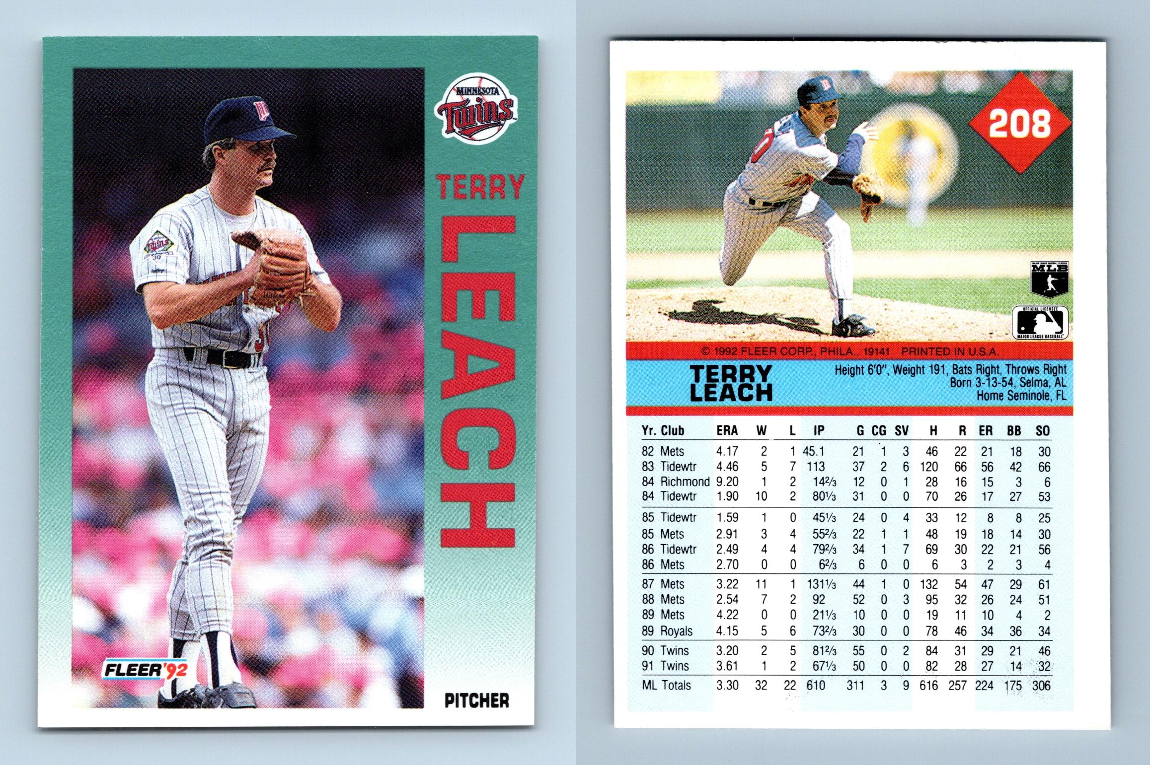 Terry Leach - Twins #208 Fleer 1992 Baseball Trading Card
