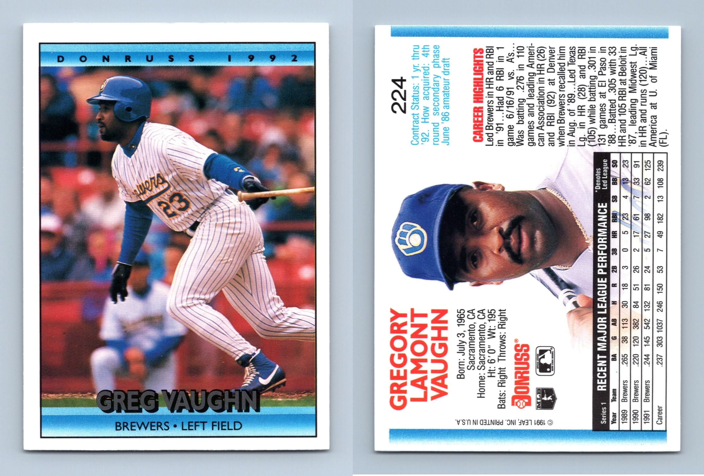 Greg Vaughn - Brewers #224 Donruss 1992 Baseball Trading Card