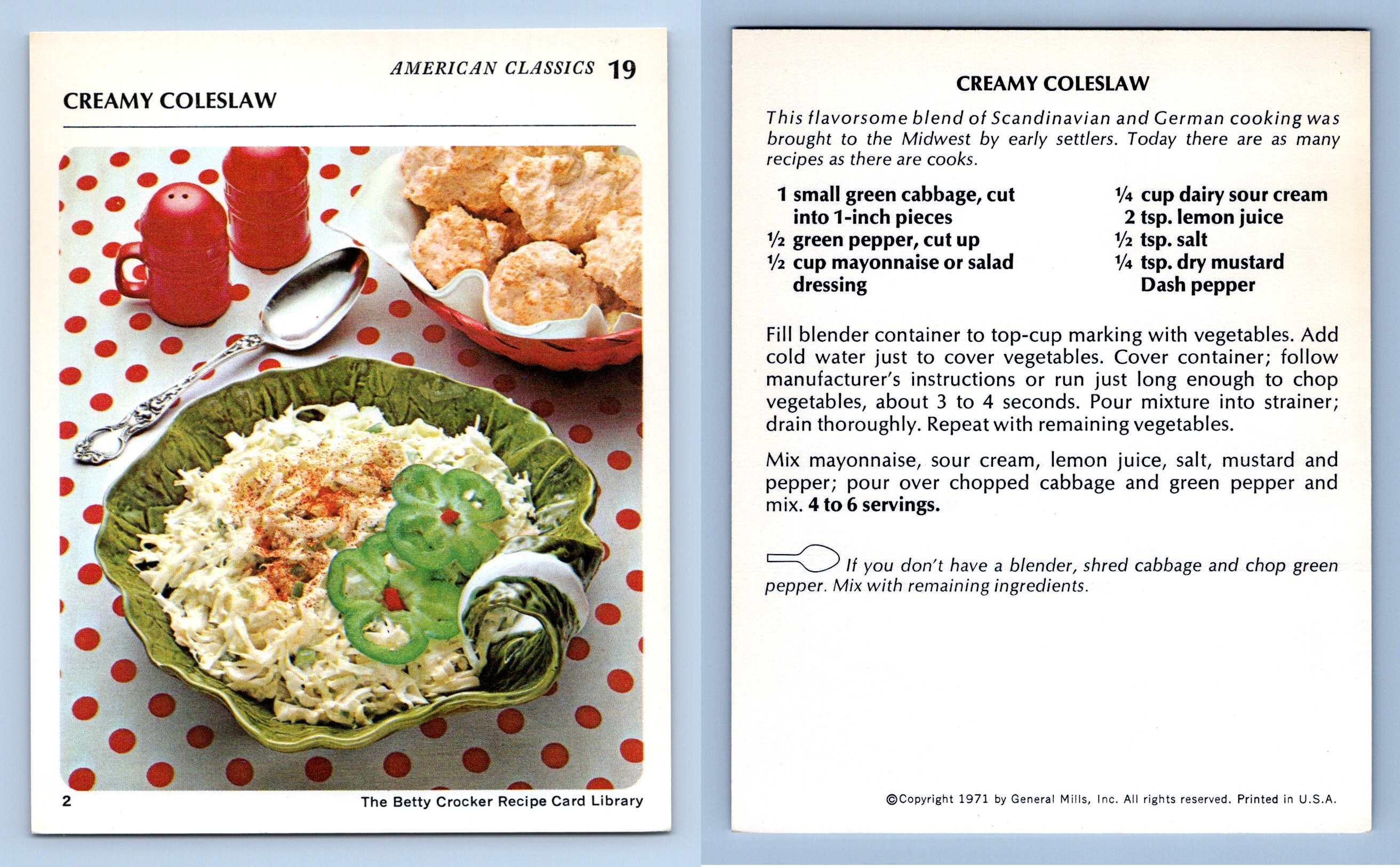 Creamy Coleslaw 19 American Classics Betty Crocker 1971 Recipe Card