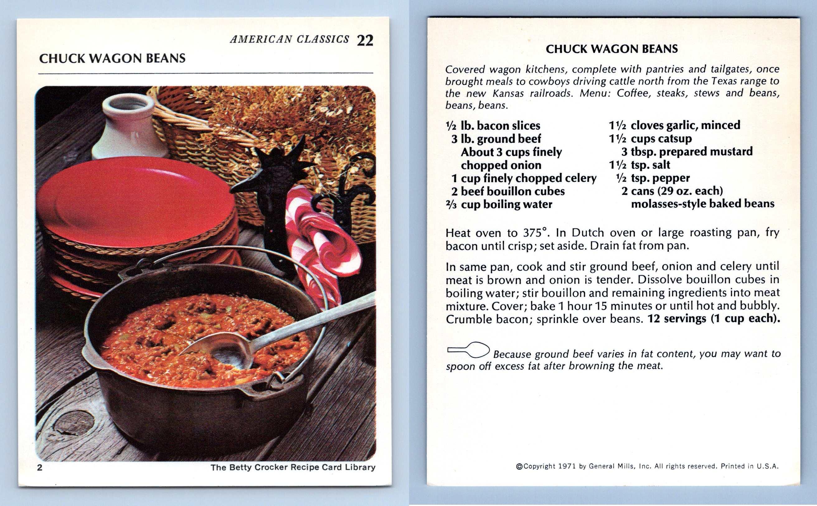 Chuck Wagon Beans 22 American Classics Betty Crocker 1971 Recipe Card