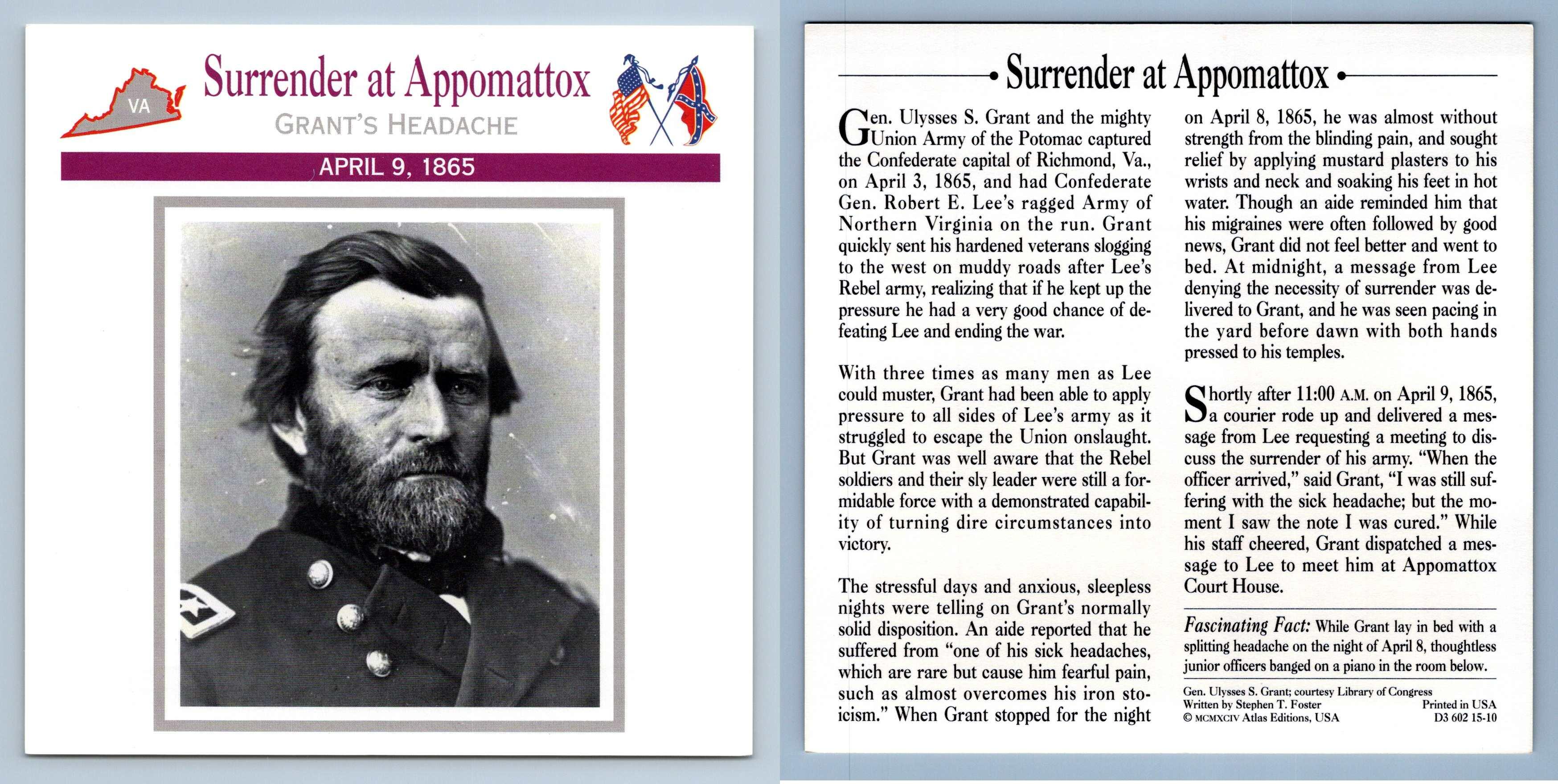 Grant's Headache Surrender At Appomattox Battles 1865 Atlas Ed. Civil War Card