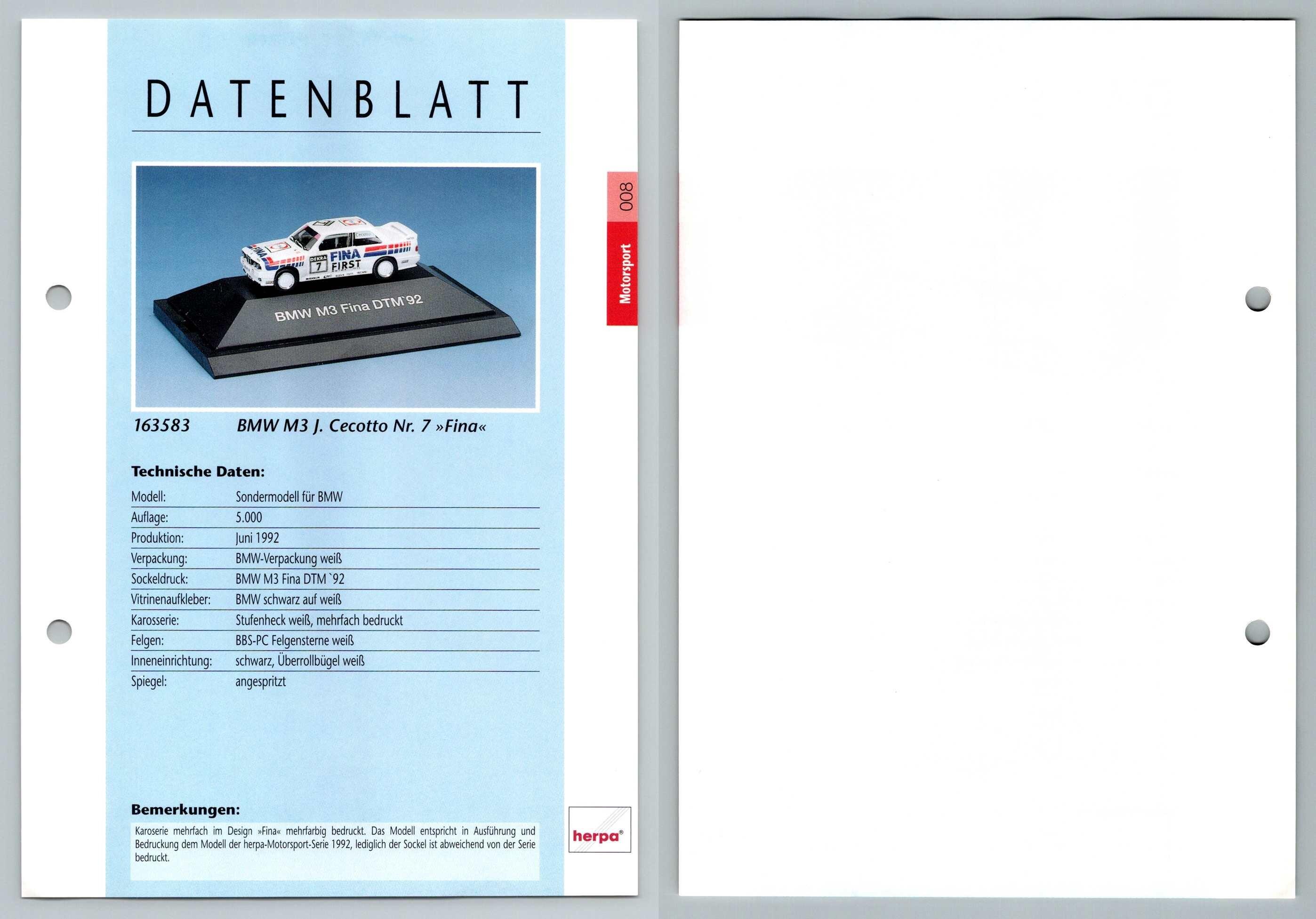 Bmw M3 Fina 8 Motorsport Datenblatt Herpa Data Sheet