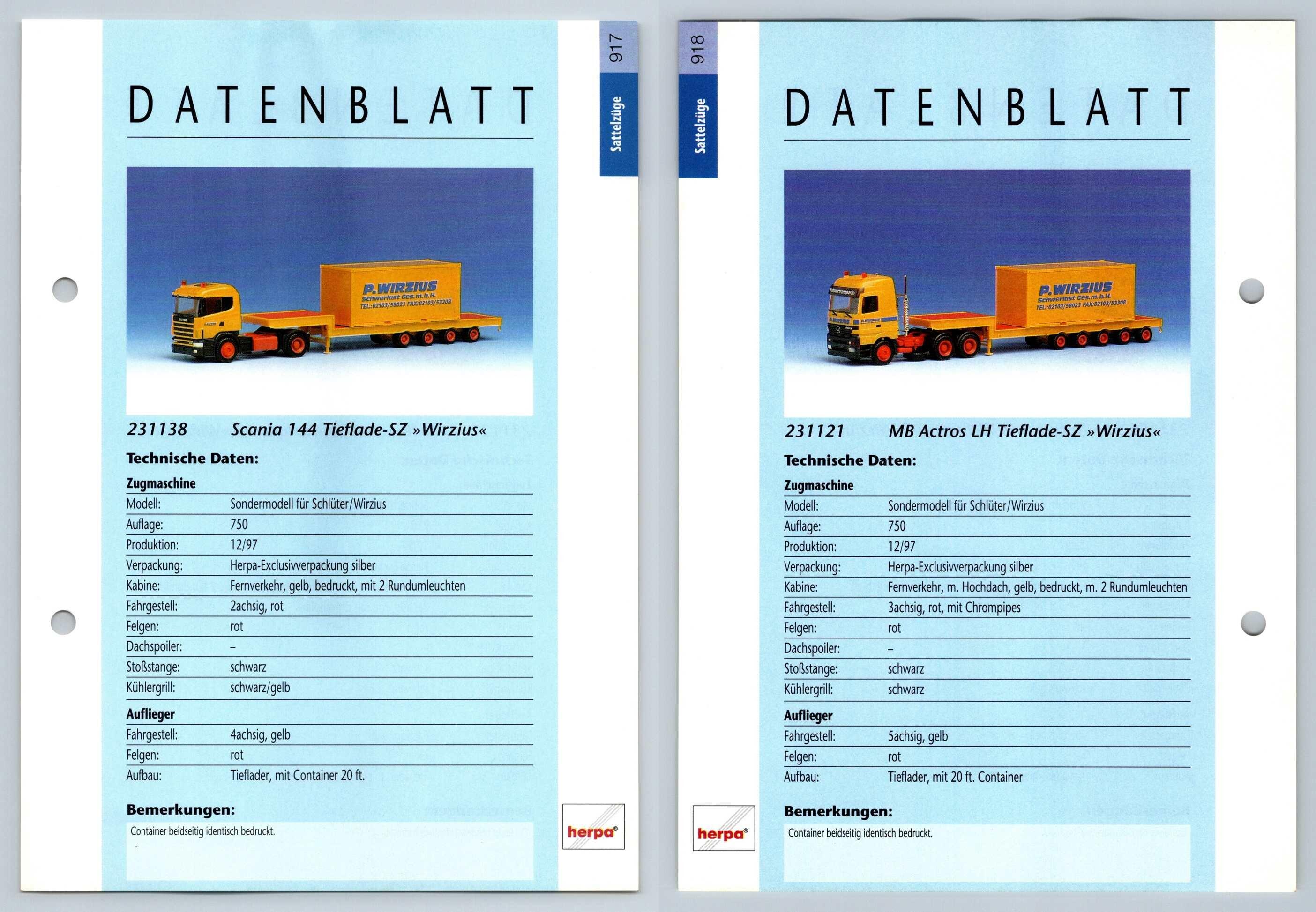 Scania 144 Tieflade Mb Actros Lh 917 8 Sattelzuge Datenblatt Herpa