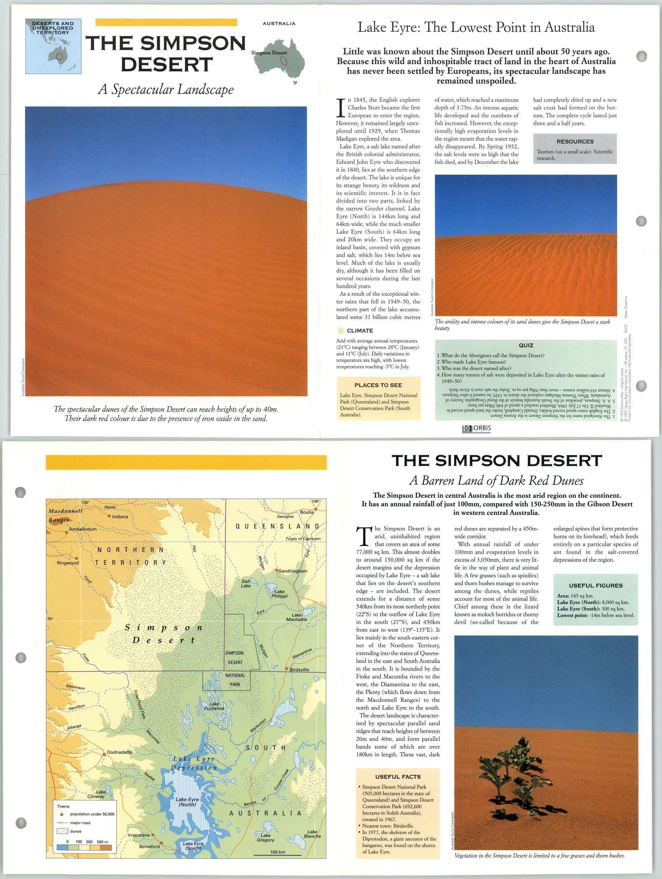 The Simpson Desert Deserts & Unexplored Atlas Of The World Fact File FoldOut Page