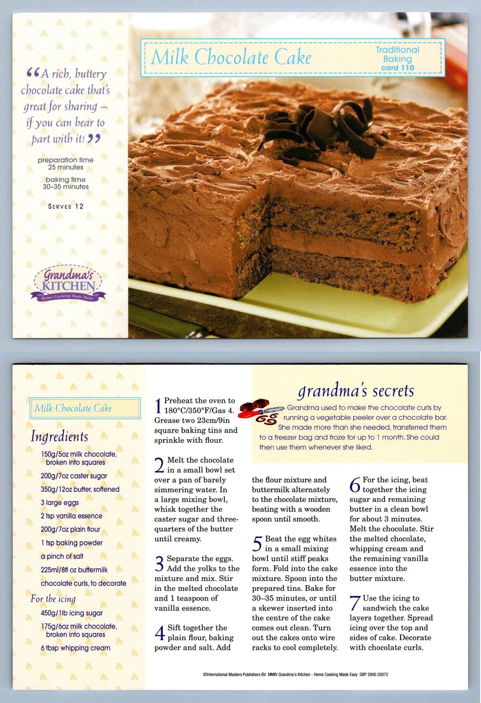 Milk Chocolate Cake 110 Baking Grandma S Kitchen Recipe Card