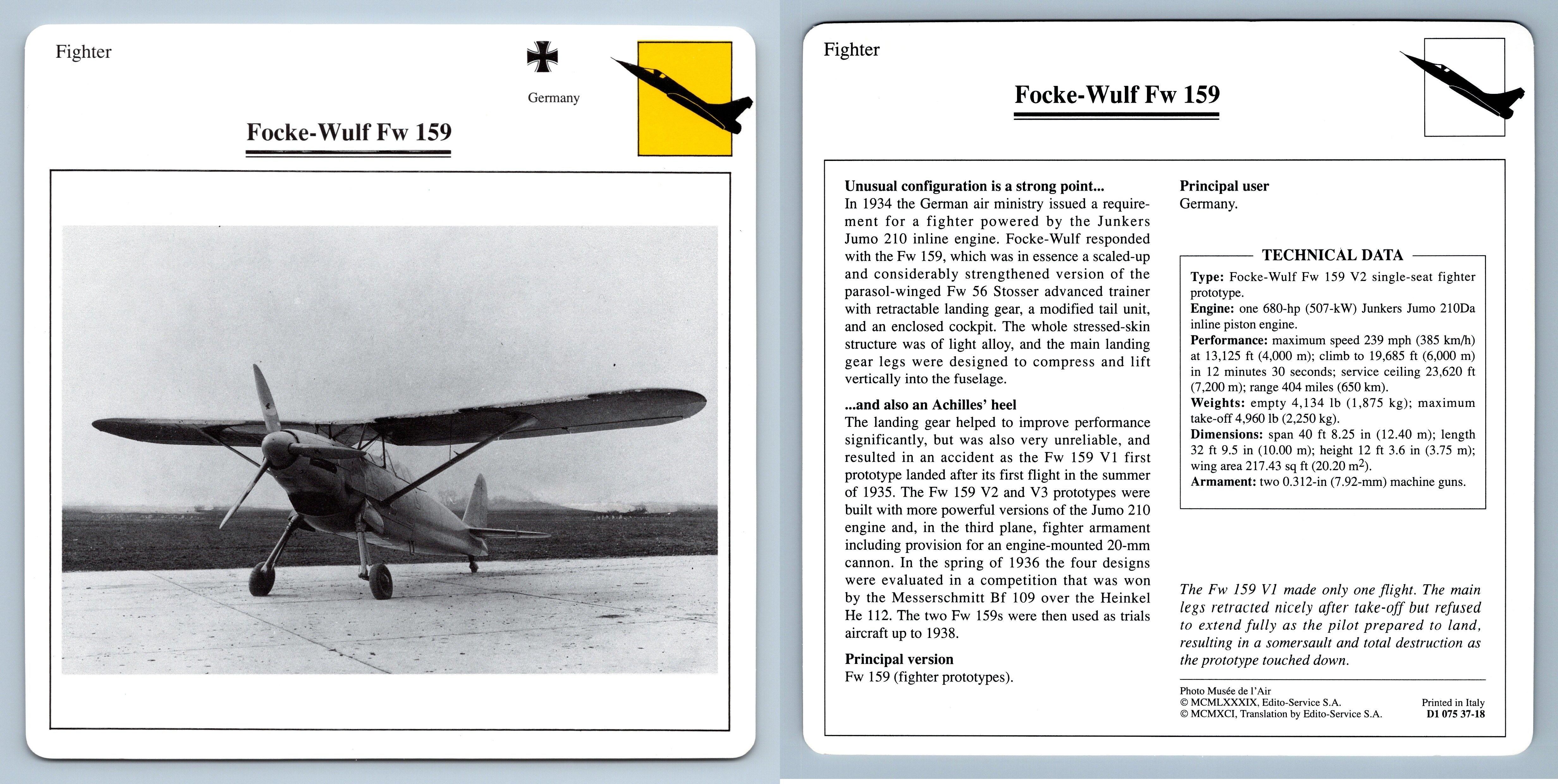 Focke Wulf Fw 159 Fighter Warplanes Collectors Club Card