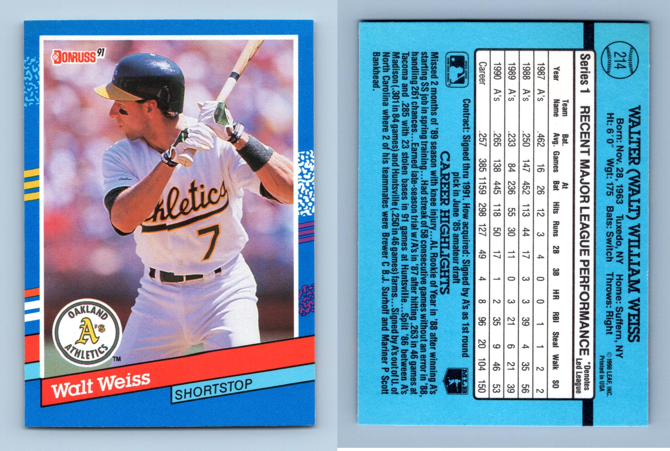 Walt Weiss - Athletics #214 Donruss 1991 Baseball Trading Card