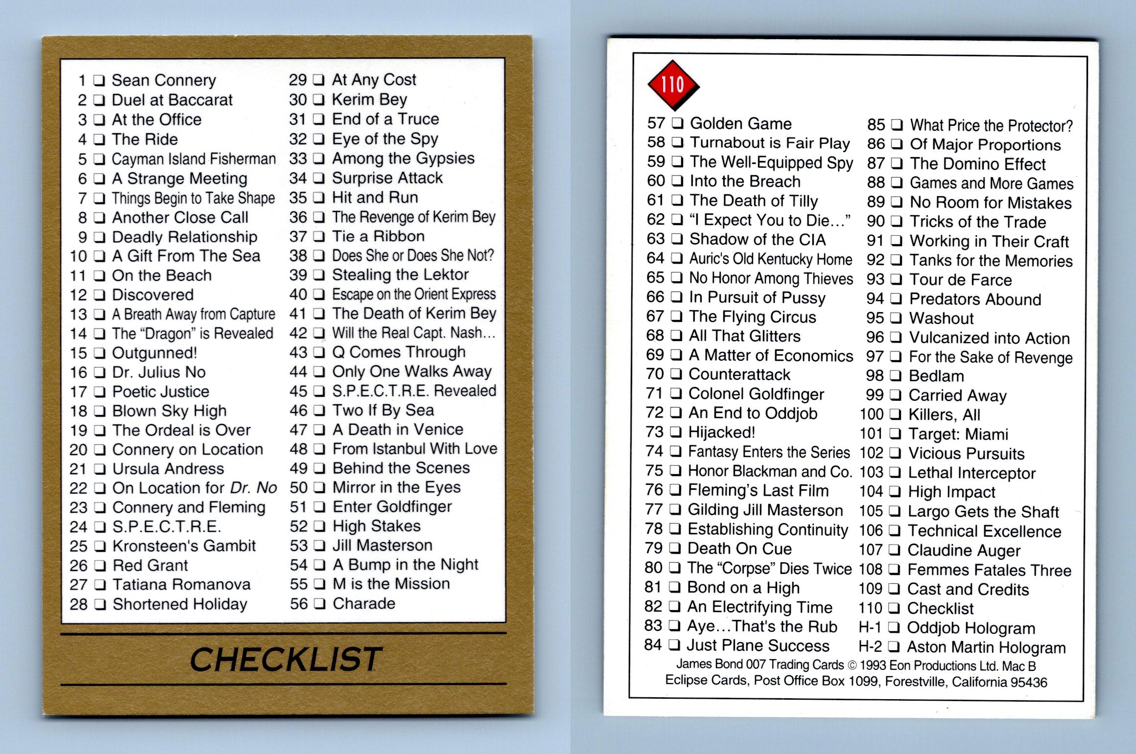 Checklist James Bond Series Eclipse Trading Card