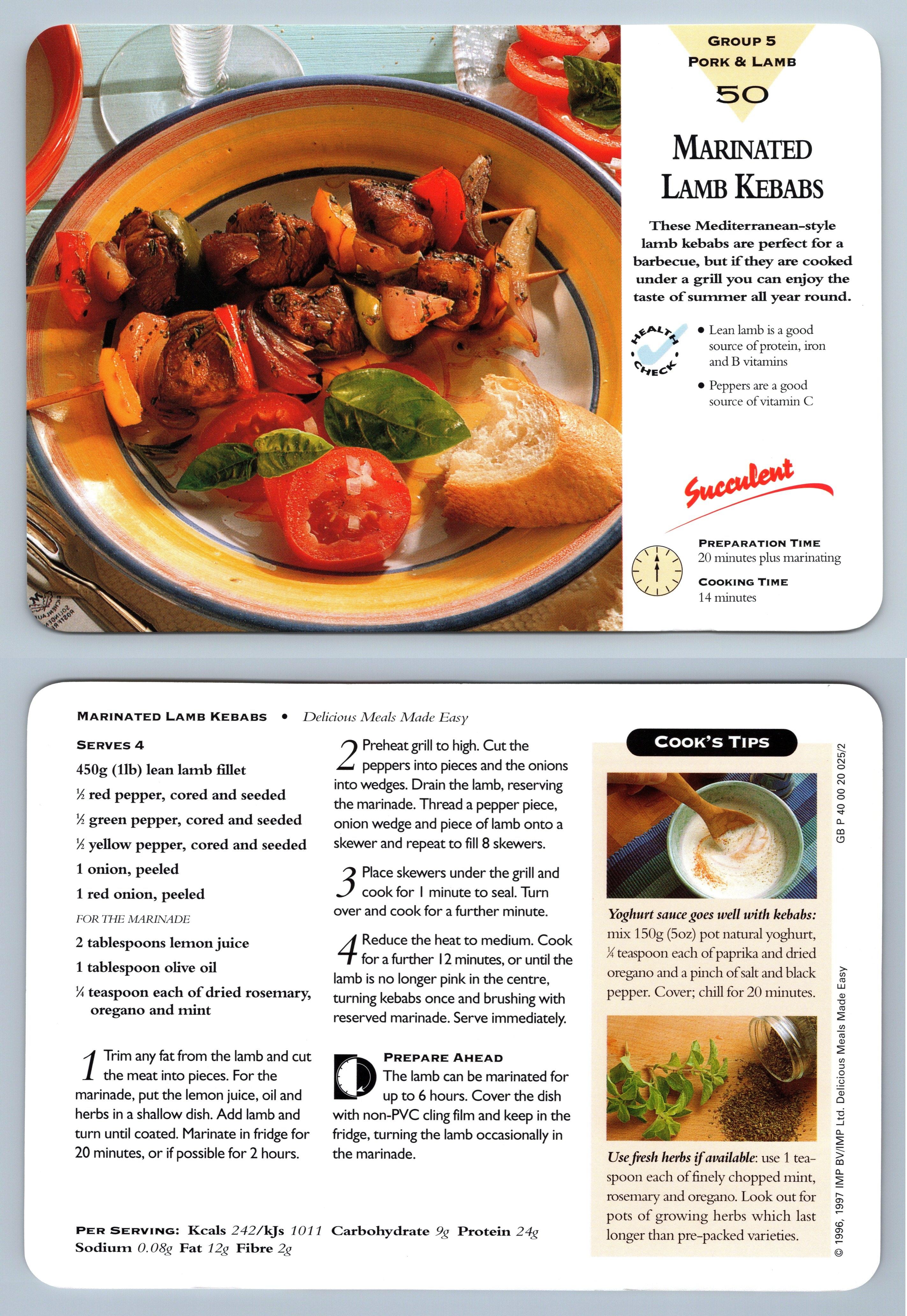 Marinated Lamb Kebabs 50 Pork/Lamb Delicious Meals Made Easy 1996