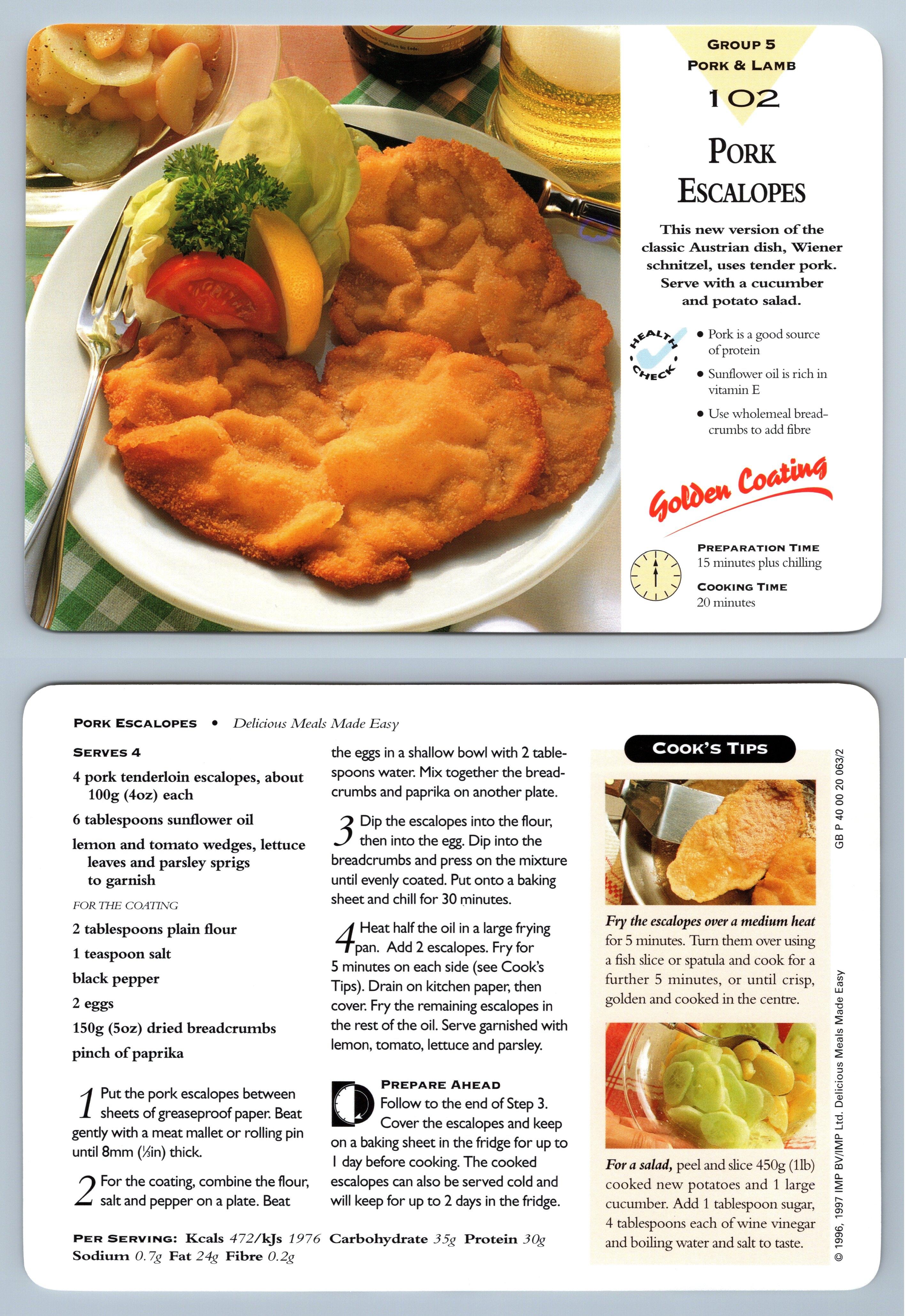 Pork Escalopes 102 Pork/Lamb Delicious Meals Made Easy 19967 Recipe Card