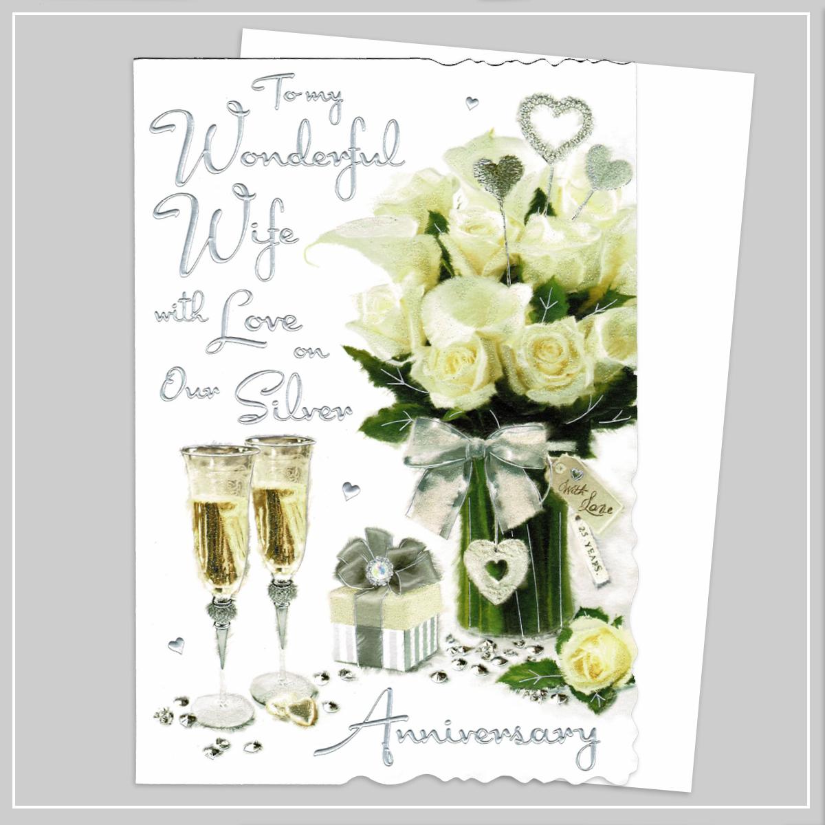 Silver 25th Wedding Anniversary Card Champagne Pale Flowers & Present 9 x 6 