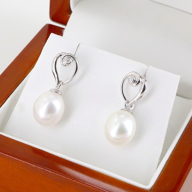 White Drop Pearl And Diamond Earrings 8-8.5mm On 9k White Gold