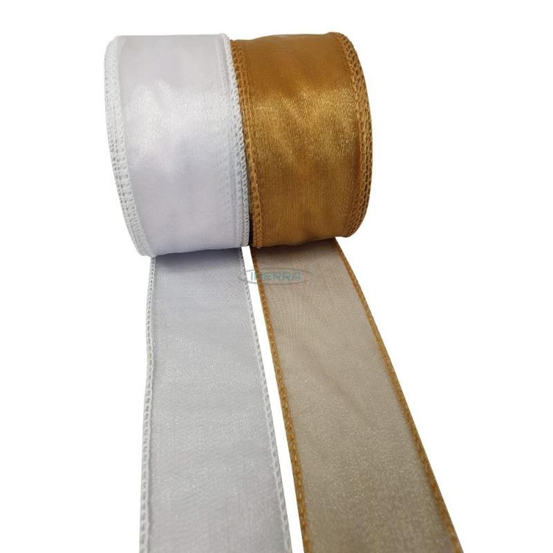 Roll of Sheer Organza Wired Ribbon Gold 50mm x 20M 