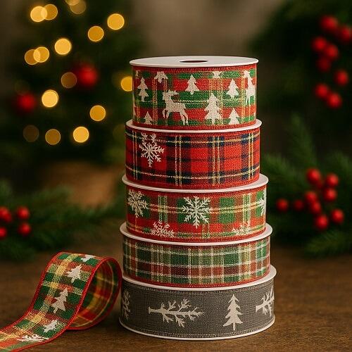 christmas red green gold tartan ribbon fabric tree wreath gift
