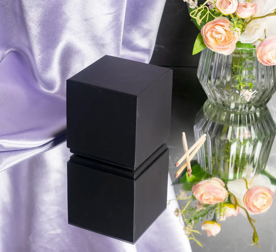 Black luxury gift box for refillable candle in studio