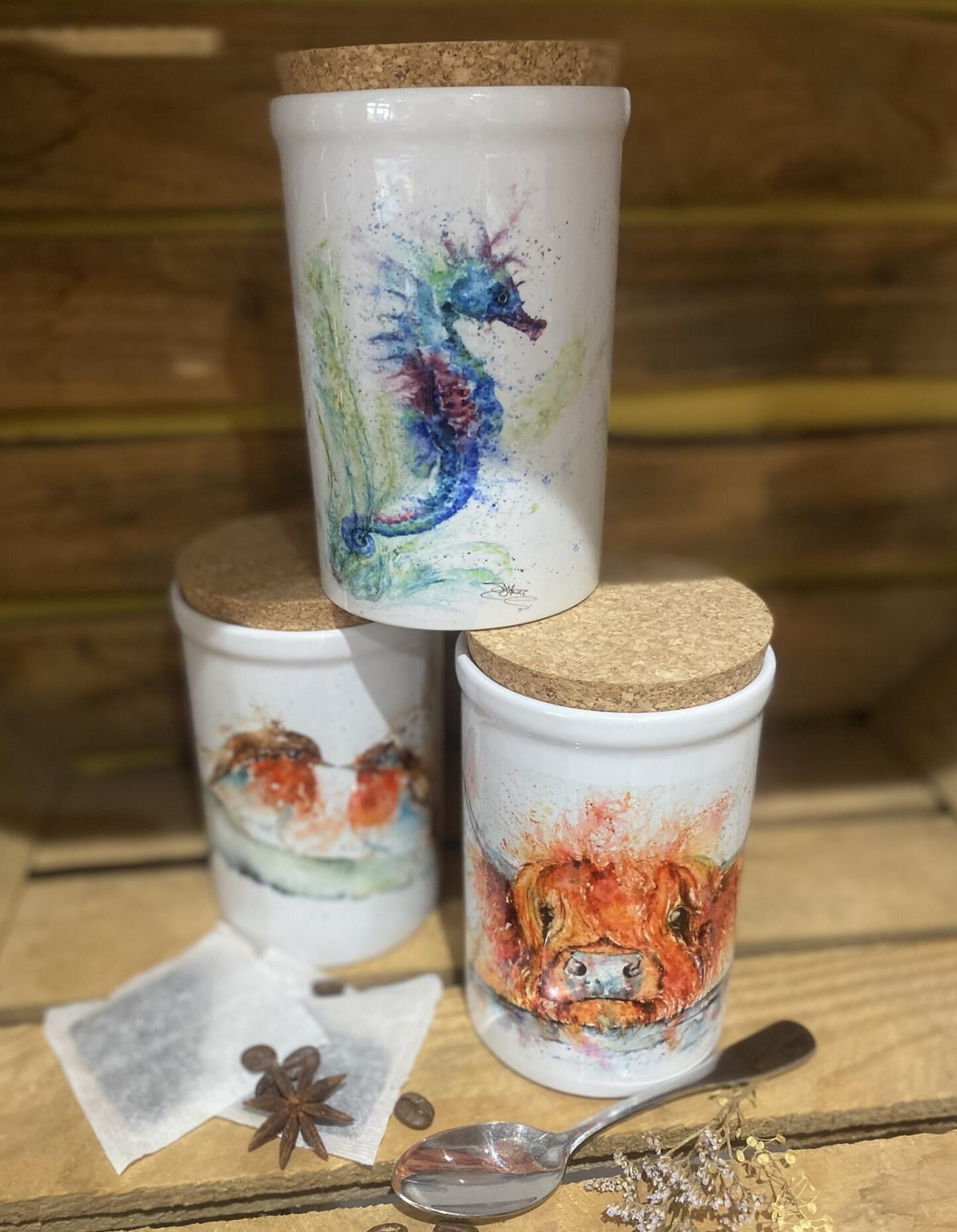 wildlife art storage jars with cork lids