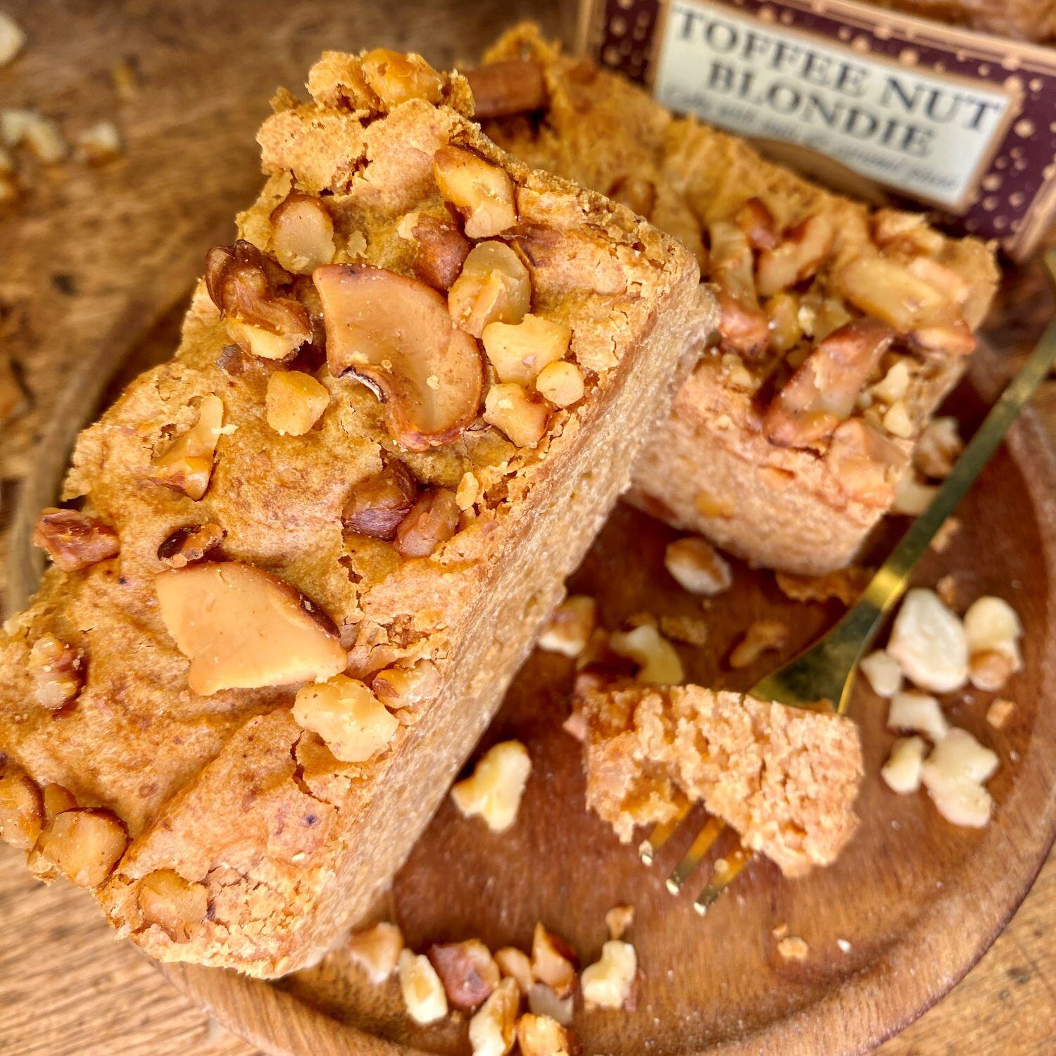 Toffee Nut Blondie which is a golden blondie square slice, generously topped with baked, crunchy cashews and walnuts. A delicious nutty blondie from Botham's iconic Whitby bakery.