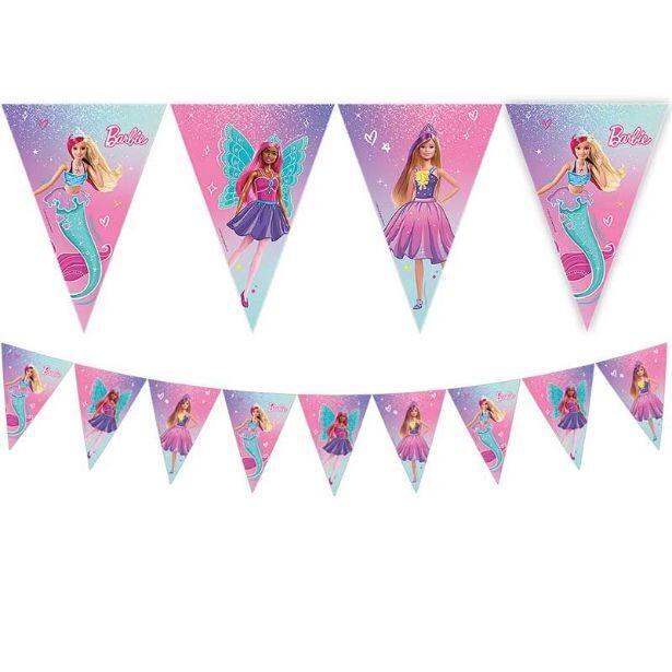 A Barbie Fantasy paper flag bunting featuring Barbie in 3 different outfits in alternate flags