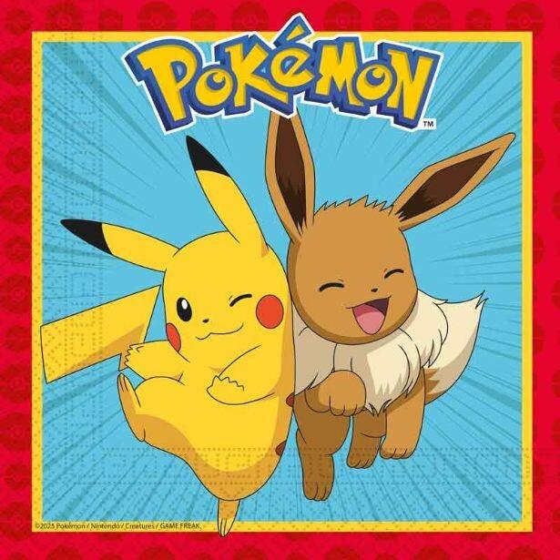 Pack of 20 colourful paper napkins featuring Pokemon and his friend
