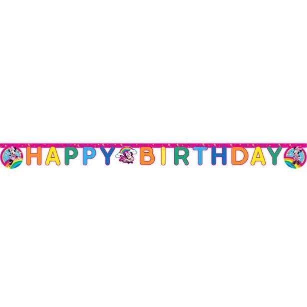 A 2m long colourful Minnie Rainbow Happy Birthday paper letter banner
