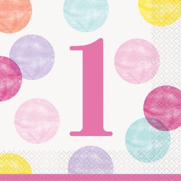 Pack of 16 Pink Dots 1st Birthday paper napkins