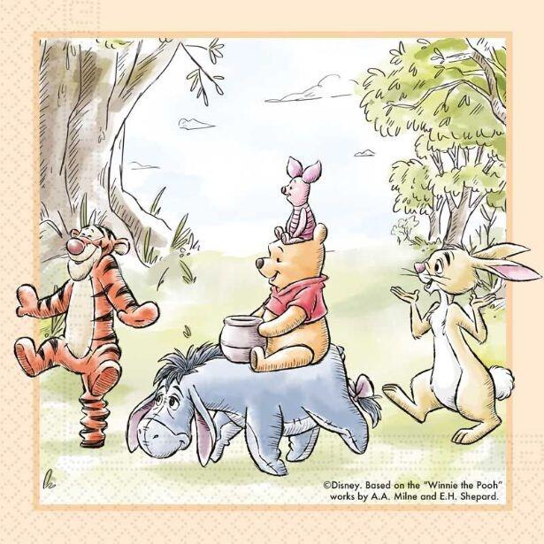 A pastel coloured paper napkin featuring Winnie the Pooh and his friends Eeyore, Rabbit, TIgger and Rabbit