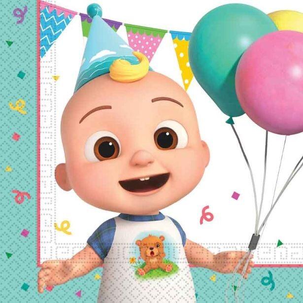 A cute Cocomelon Birthday paper napkin featuring JJ holding some birthday balloons
