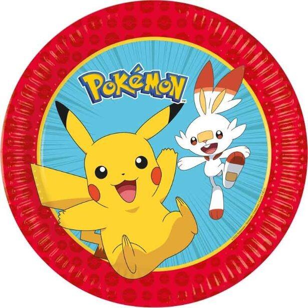 A pack of 8 colourful Pokemon plates featuring Pikachu and his friend Scorbunny