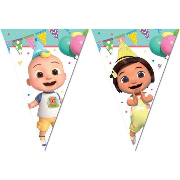A Cocomelon Birthday Paper flag bunting banner featuring JJ and his friends