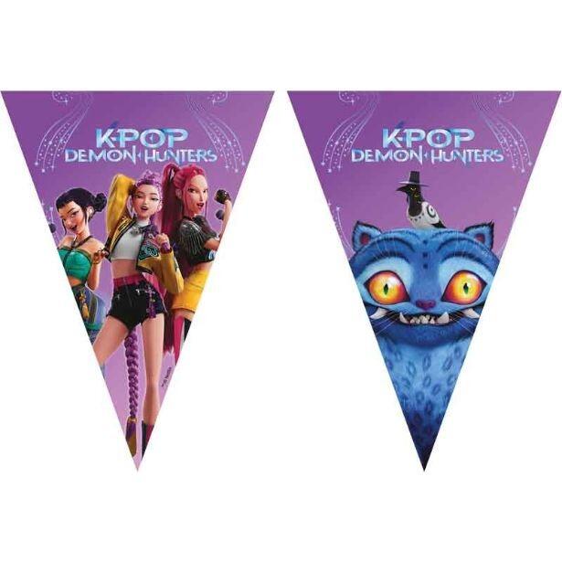 A paper flag bunting featuring K-Pop Demon Hunters