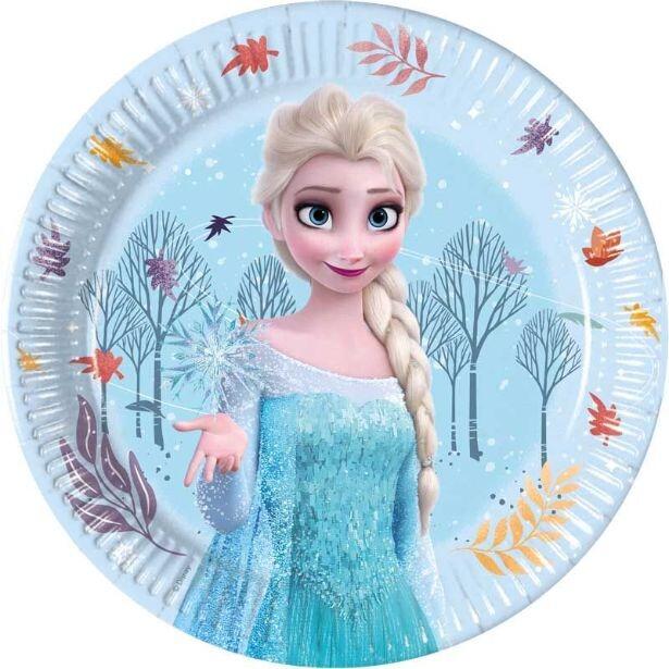 A pale blue paper plate features Elsa in the middle of each one