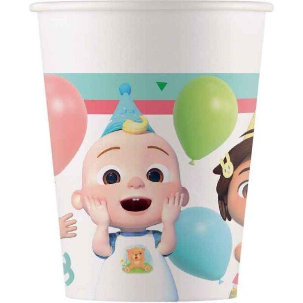 A Cocomelon Birthday paper cup featuring JJ and his friends Cody and Nina around the outside