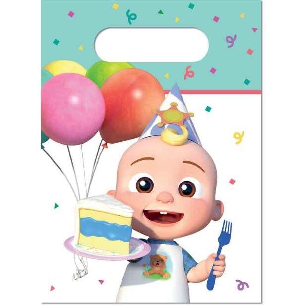 A pack of 4 Cocomelon Birthday paper bags featuring JJ