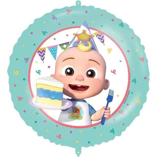 An 18 inch unfilled Cocomelon Birthday foil balloon featuring JJ in the middle