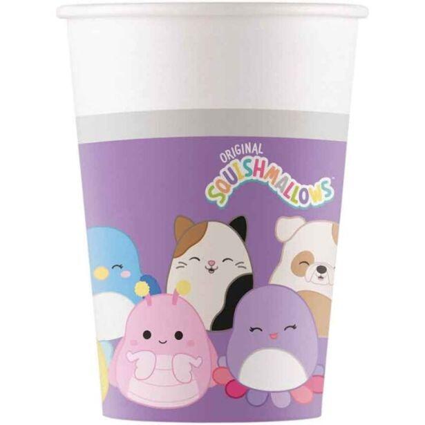 Pack of 8 colourful paper cups featuring Squishmallows around the outside