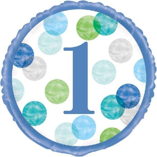 An uninflated Blue Dots 1st Birthday foil balloon