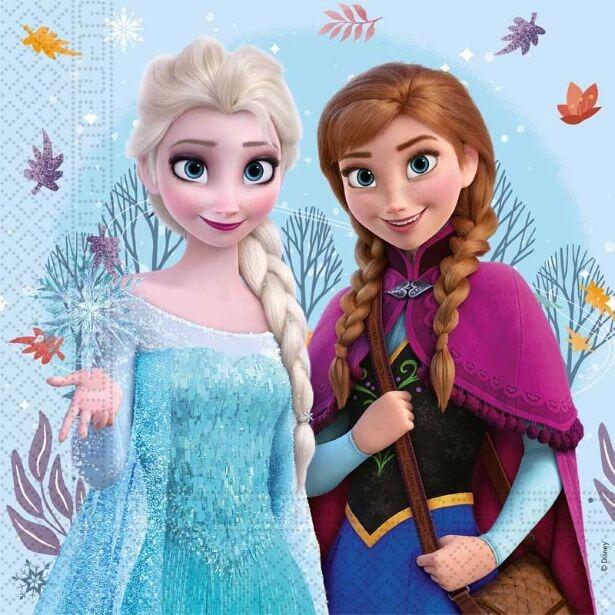 A pale blue paper napkin featuring Elsa and Anna for Frozen Idyllic Wonder party range